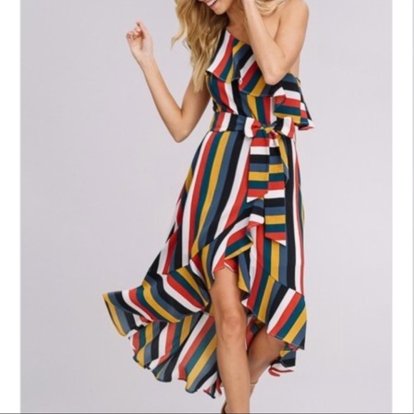 Multi Stripe One Shoulder Ruffle Wrap Dress - Picture 6 of 6